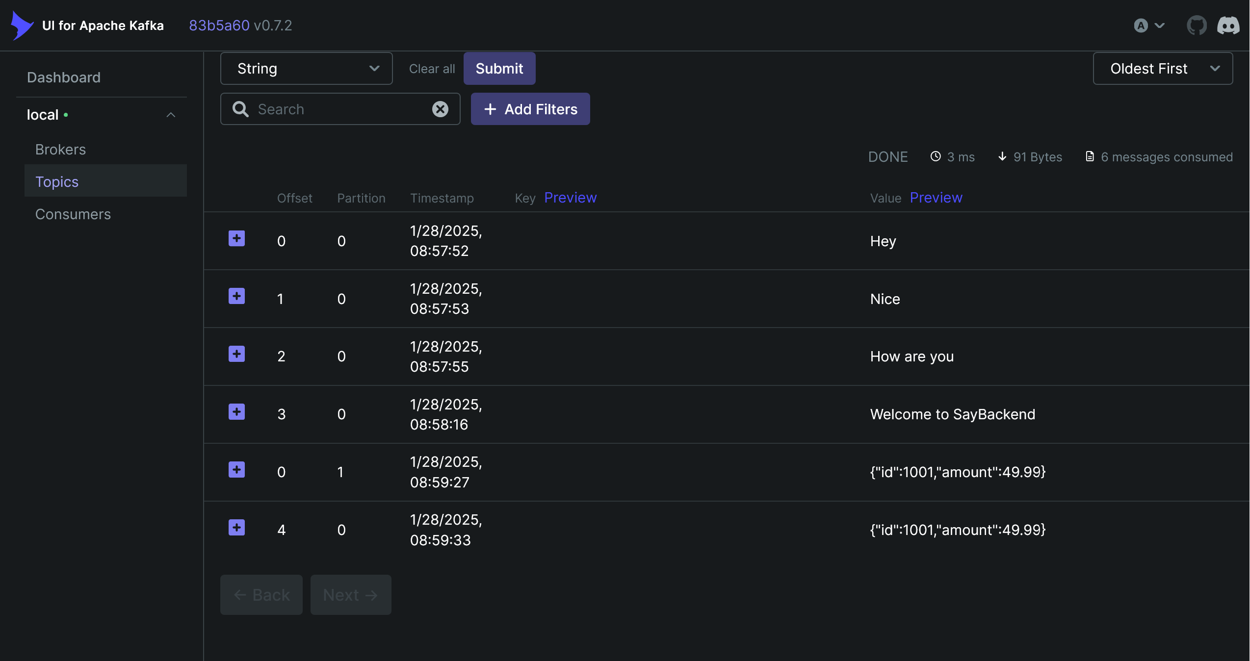 Kafka messages on UI