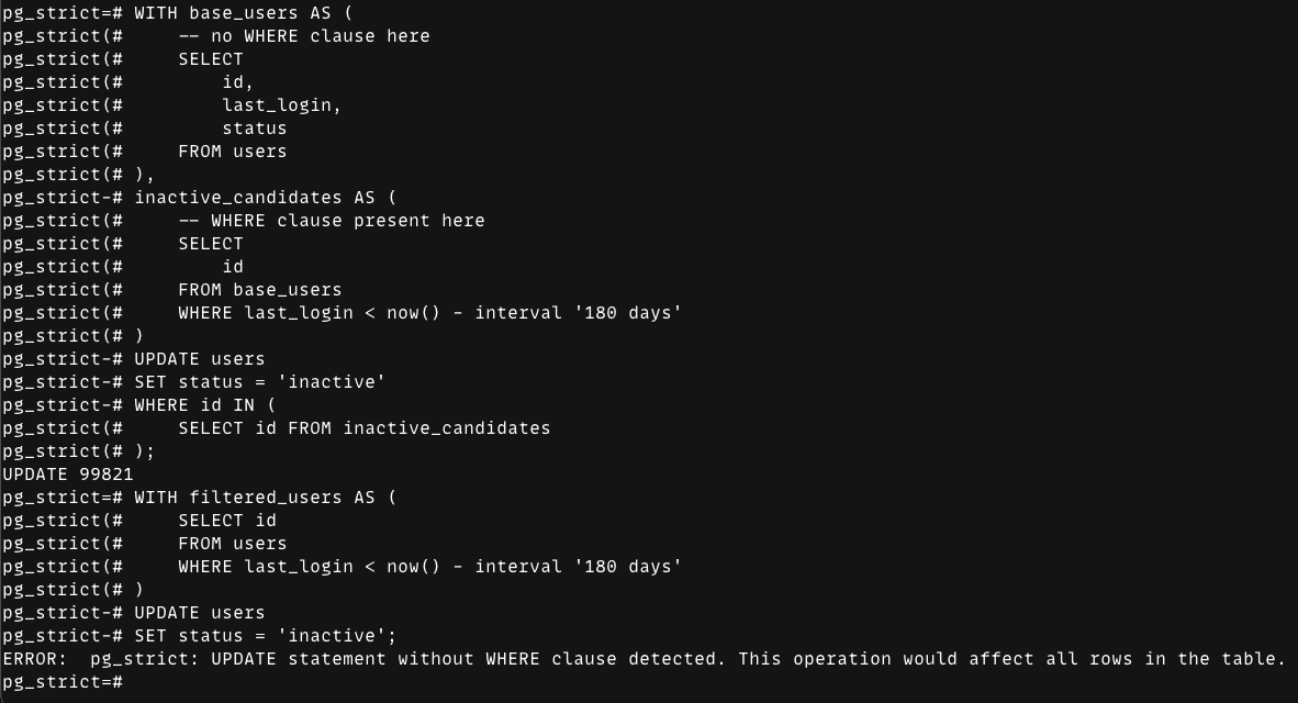 psql output showing an UPDATE that uses CTEs and WHERE id IN (SELECT ...) succeeds, while an UPDATE without a top-level WHERE is blocked even though the CTE has a WHERE clause