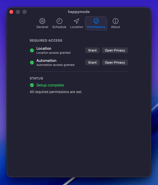 happymode permissions settings for Location and Automation